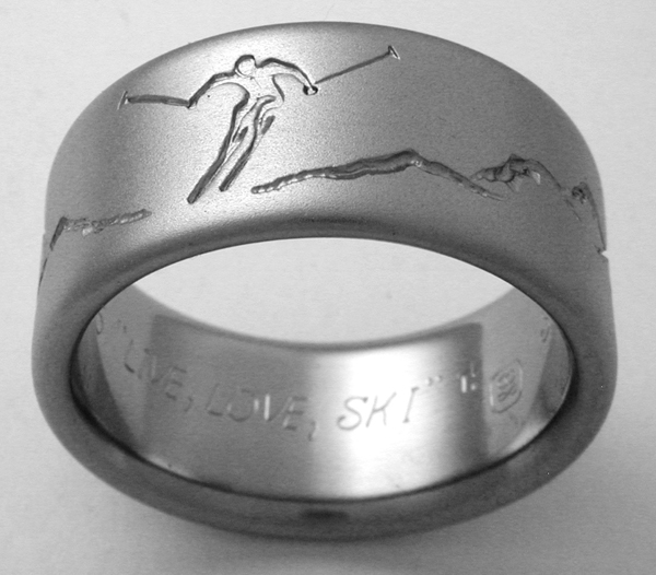 Dartmouth titanium ring with skiing theme Titanium Wedding Rings