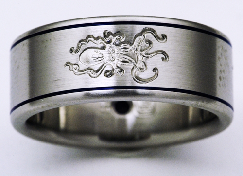 Easterly titanium ring with octopus Titanium Wedding Rings Handcrafted by Exotica Jewelry