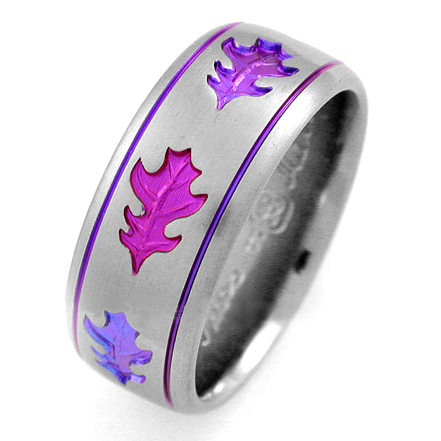 Oakley 3 titanium ring with oak leaves | Titanium Rings, Handcrafted by Exotica Jewelry