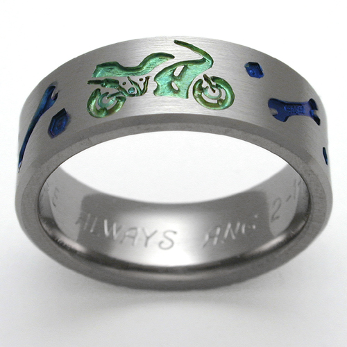 Excelsior 1 titanium ring with motorcycles Titanium Wedding Rings, Handcrafted by Exotica Jewelry